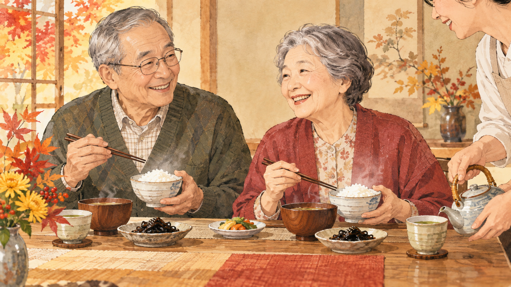 敬老の日に笑顔で食卓を囲むおじいちゃんとおばあちゃんのイラスト
