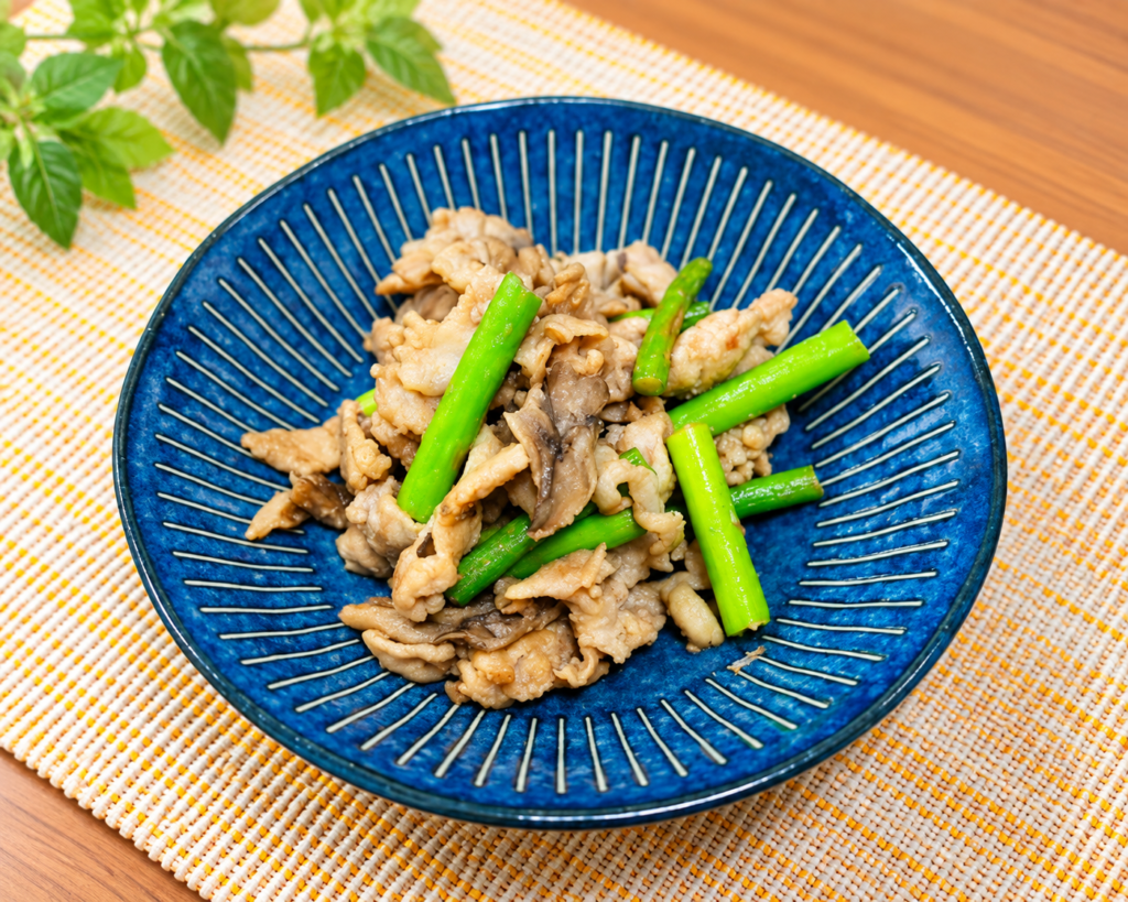 にんにくの芽と舞茸で肉味噌炒め