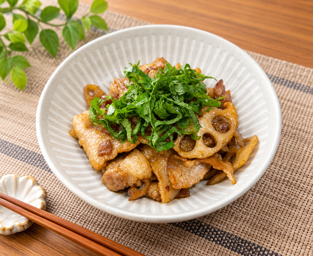 今夜の夕飯♪しそ香る豚バラと蓮根の金平